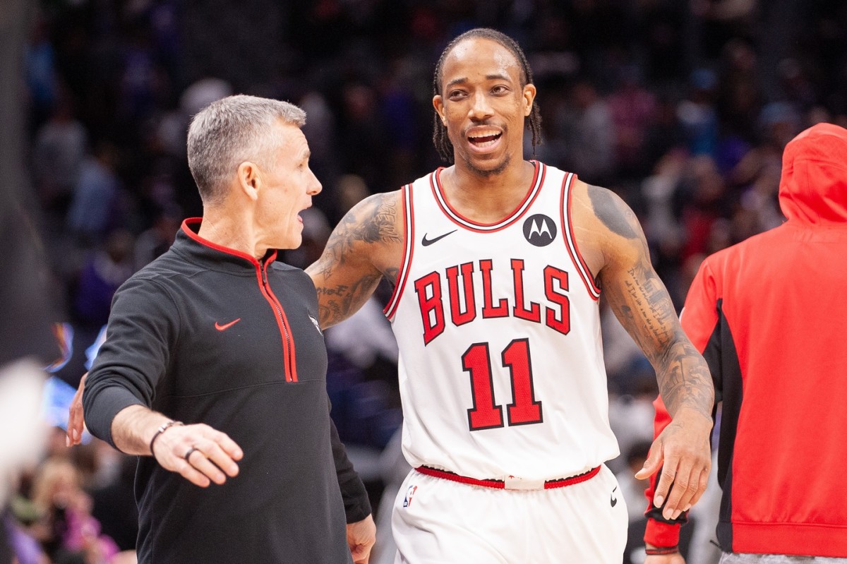  Chicago Bulls forward DeMar DeRozan (11) and head coach Billy Donovan walk off the court after defeating the Sacramento Kings at Golden 1 Center.